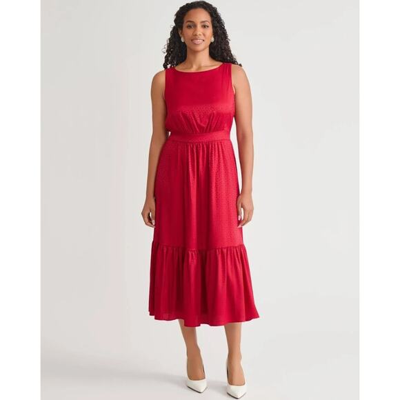 Kasper Dresses & Skirts - Kasper Women Crimson Red Satin Tiered Sleeveless Boat Neck Midi Dress Size L